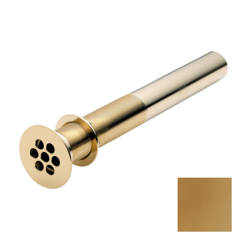 Golden bronze sink grid drain with circular strainer head and threaded cylindrical body for lavatory installation.