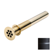Matte black grid drain with round strainer and threaded brass barrel for sink installation.