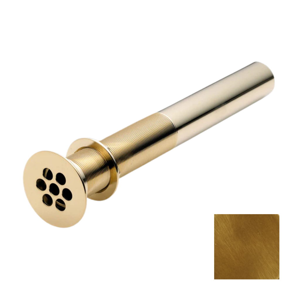 Aged brass sink grid drain with round perforated face and threaded cylindrical body.