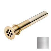 Satin nickel lavatory sink grid drain with round flange and multiple drainage holes.