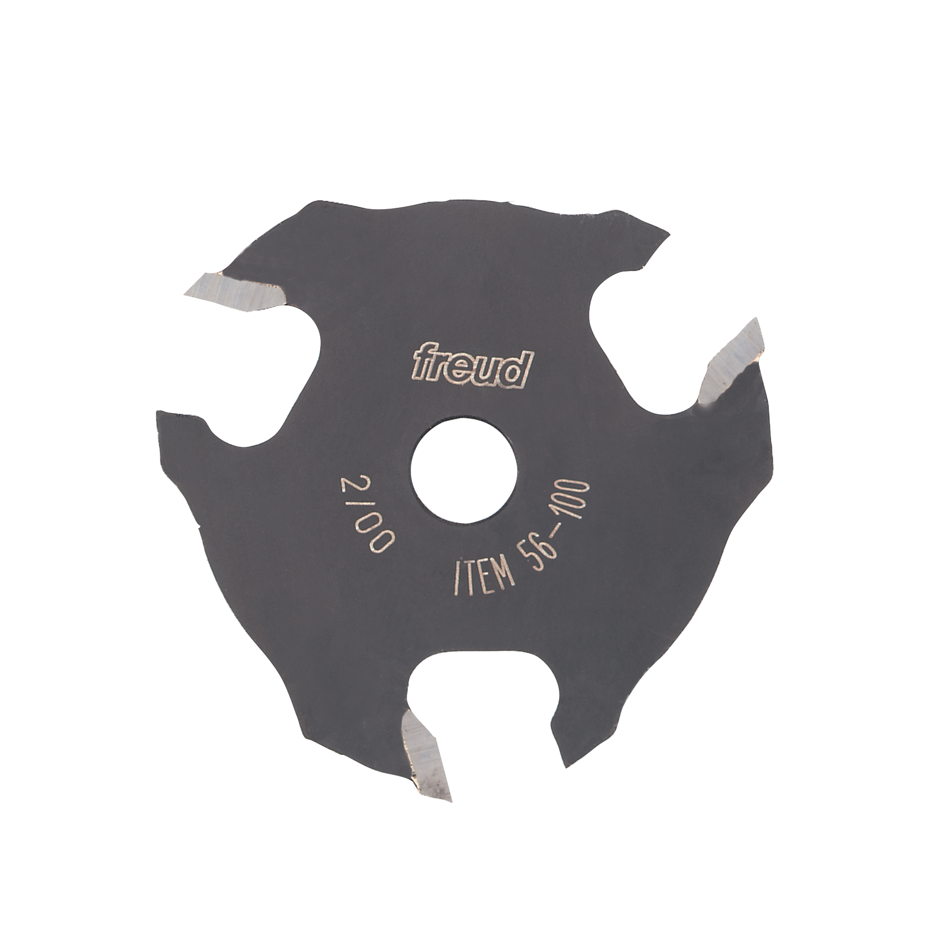 Freud slotting cutter with three wing carbide blades, central bore, and "56-100" marking on dark gray body.