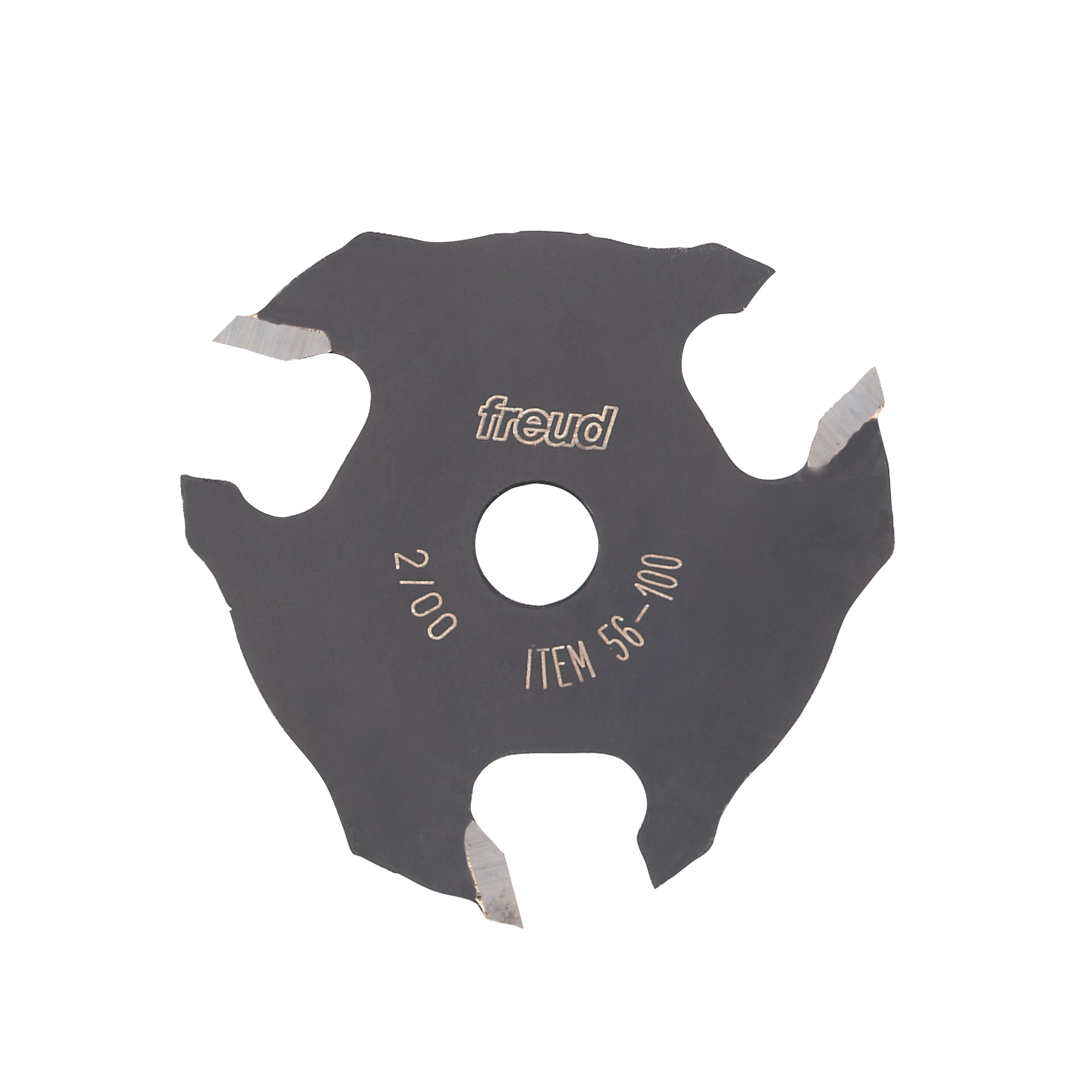 Freud slotting cutter with three wing carbide blades, central bore, and "56-100" marking on dark gray body.