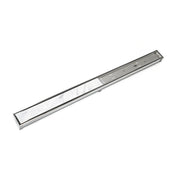 Satin stainless steel linear drain with white center strip and mounting hardware visible.
