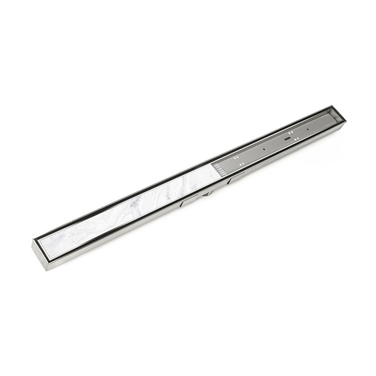 Polished stainless steel linear drain with black frame and grate, approximately 60 inches long.