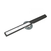 Matte black linear drain with stainless steel grate and metal connector fitting, 60 inches long.