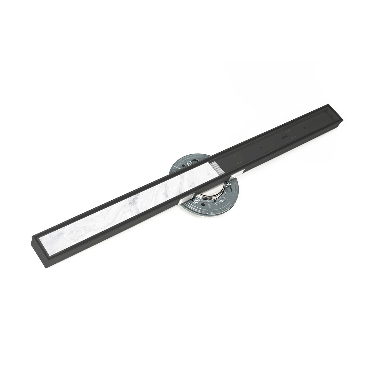 Matte black linear drain with stainless steel grate and metal connector fitting, 60 inches long.