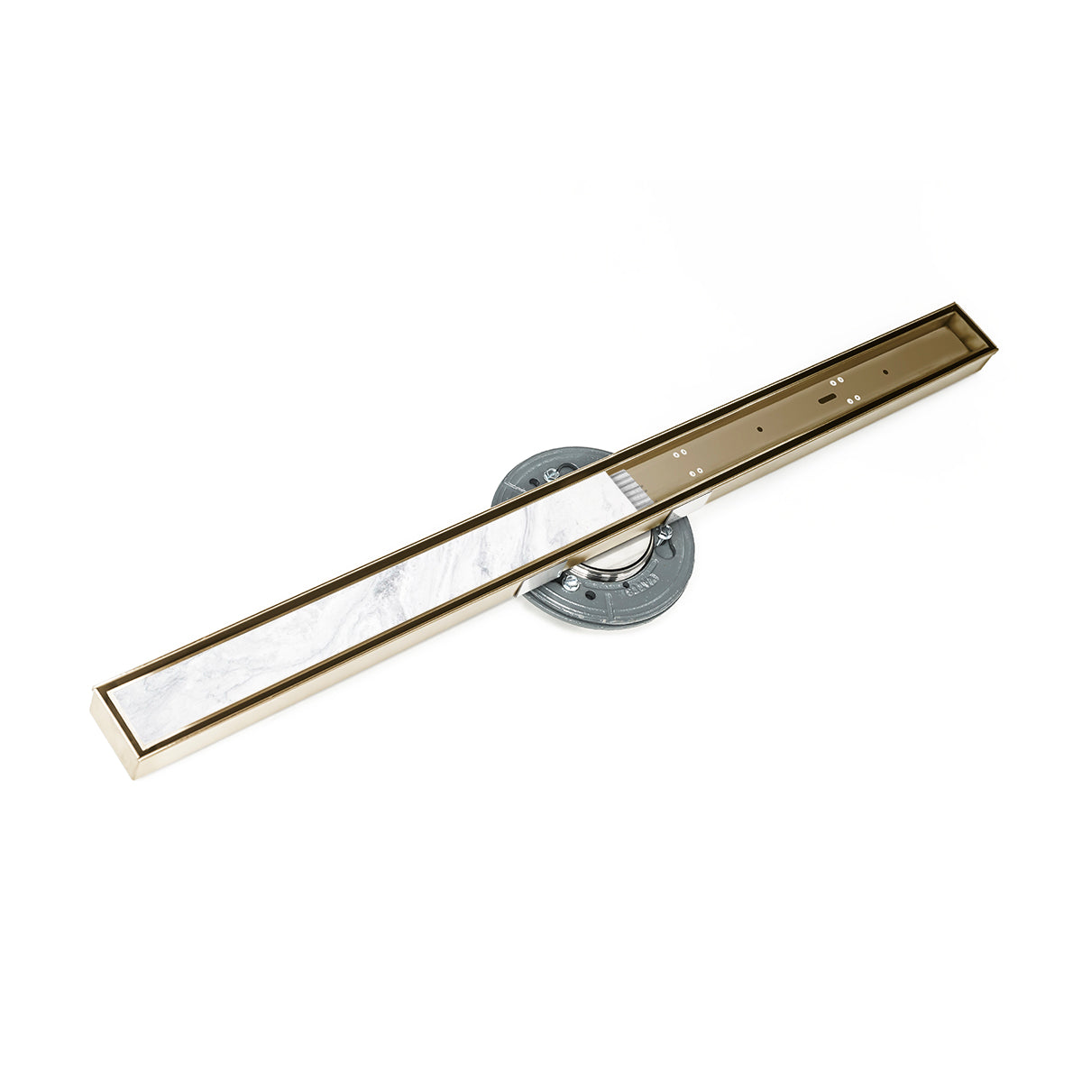 Satin bronze linear drain kit with 48-inch channel frame, white insert strip, and gray metal coupling assembly.