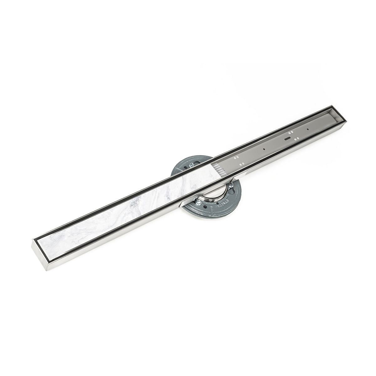 Satin stainless steel linear drain with rectangular grate and circular connector fitting on white background.