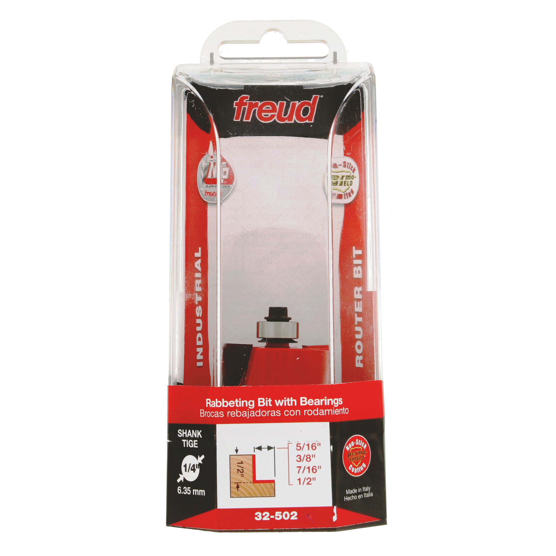 Freud 32-502 rabbeting router bit with ball bearings and 1/4" shank in clear plastic clamshell packaging.