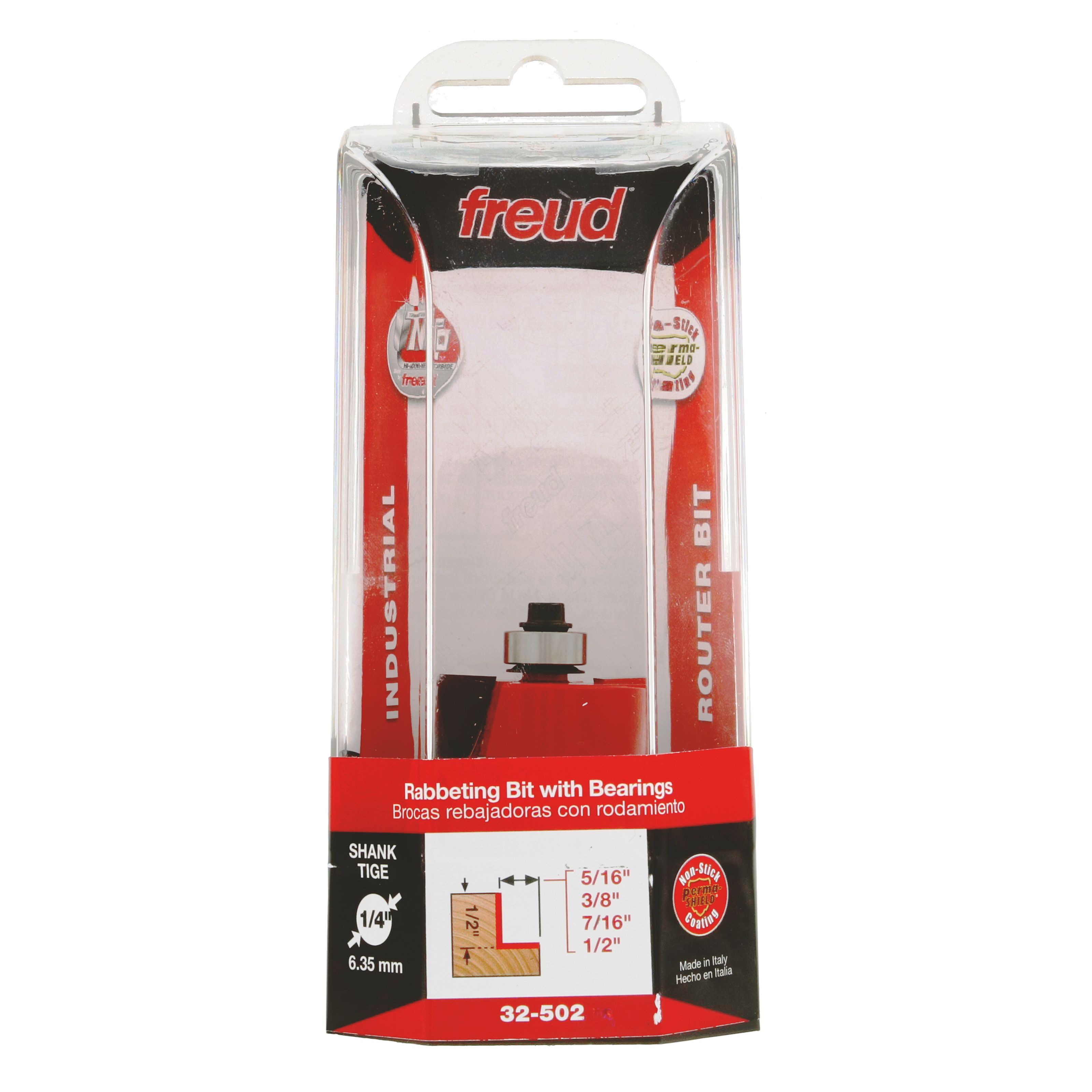 Freud 32-502 rabbeting router bit with ball bearings and 1/4" shank in clear plastic clamshell packaging.