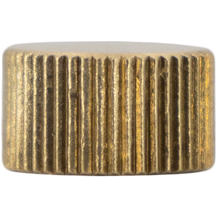 Brass bleeder cap with vertical ribbed knurled grip pattern and flat top surface.