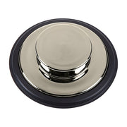 Polished nickel sink stopper with domed top and black rubber ring base, shown from above.