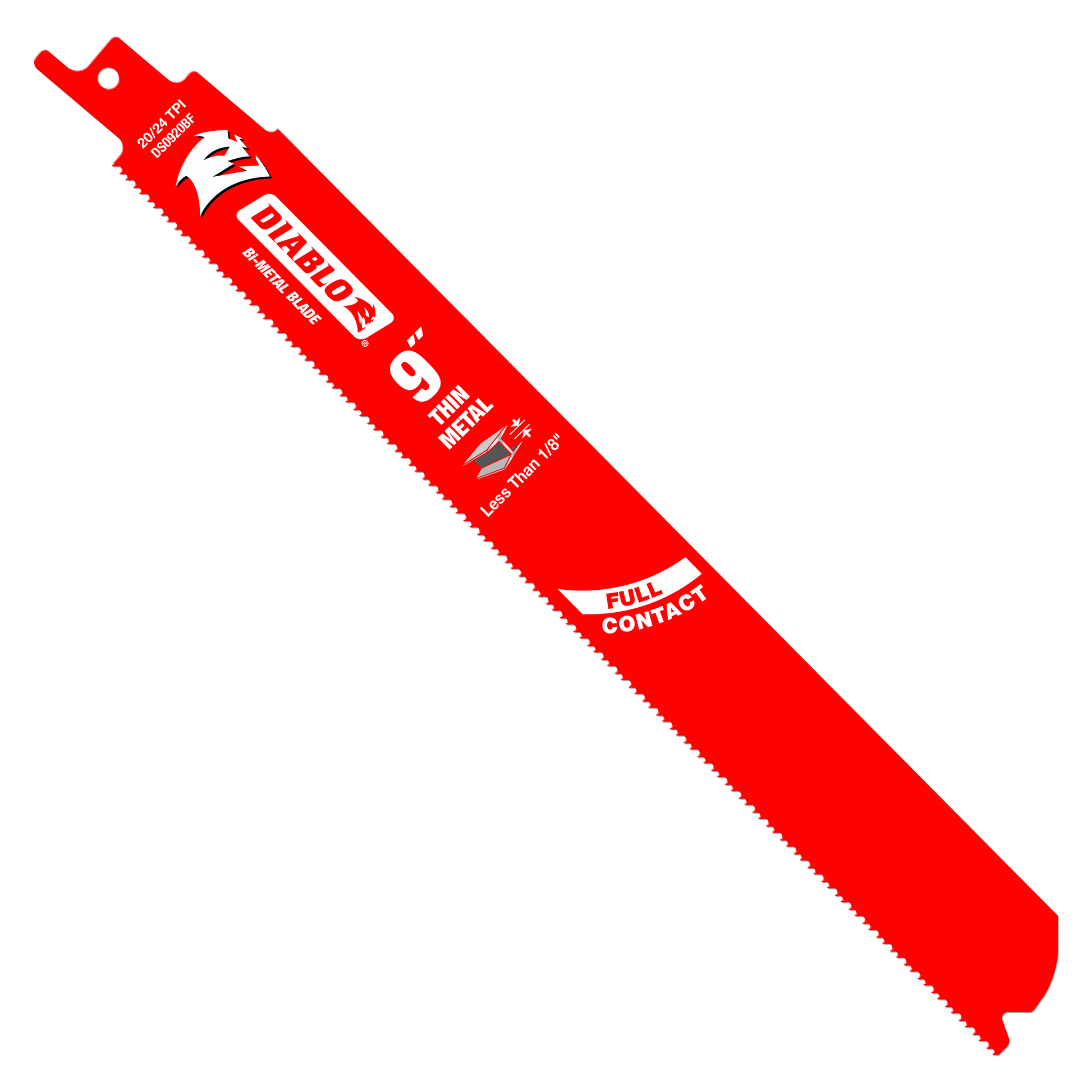 Red Diablo 9-inch bi-metal reciprocating saw blade with fine teeth for thin metal cutting.