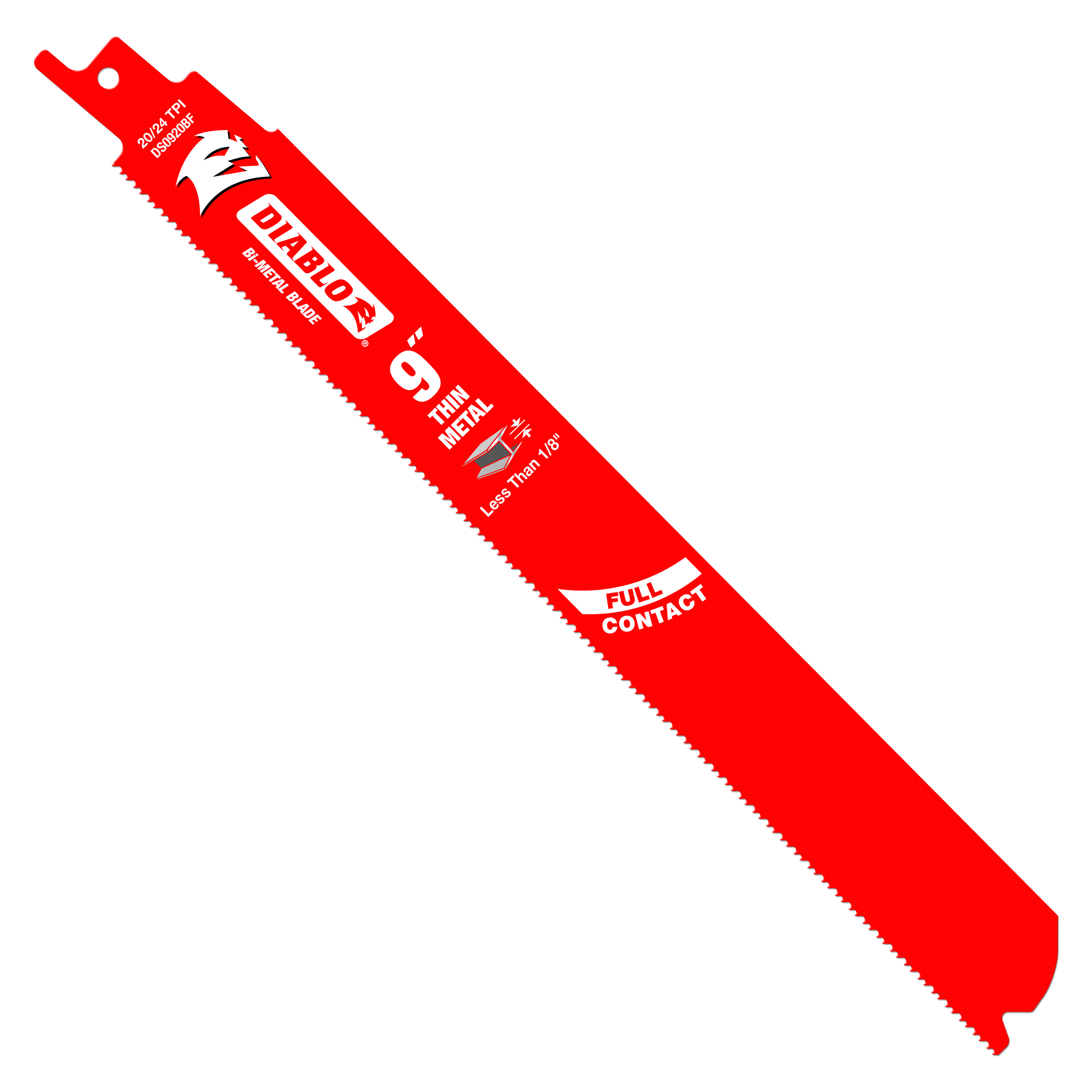 Red bi-metal reciprocating saw blade with fine teeth and mounting hole at top.