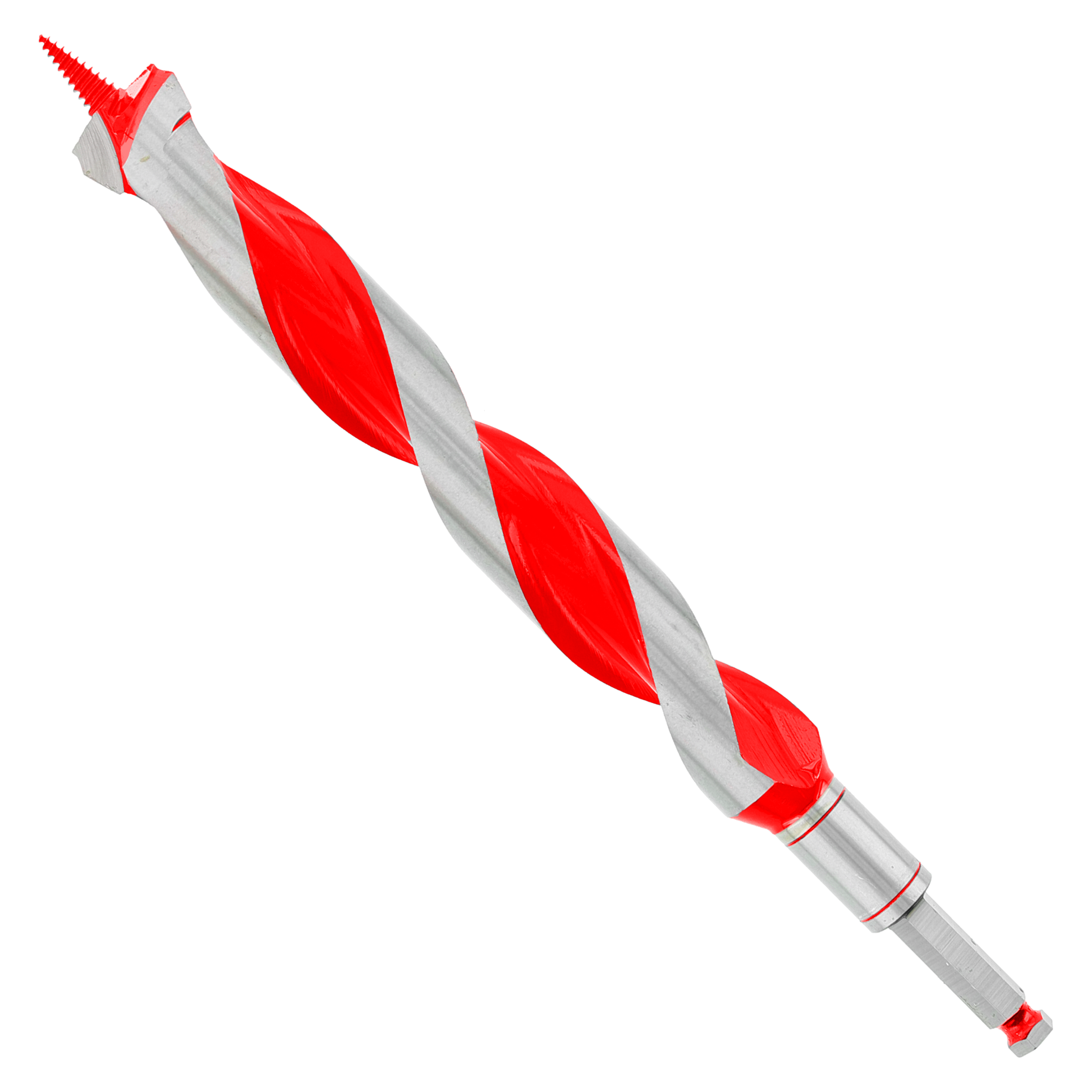 Diablo auger bit with red and gray spiral flutes, metal shank, and pointed tip on white background.