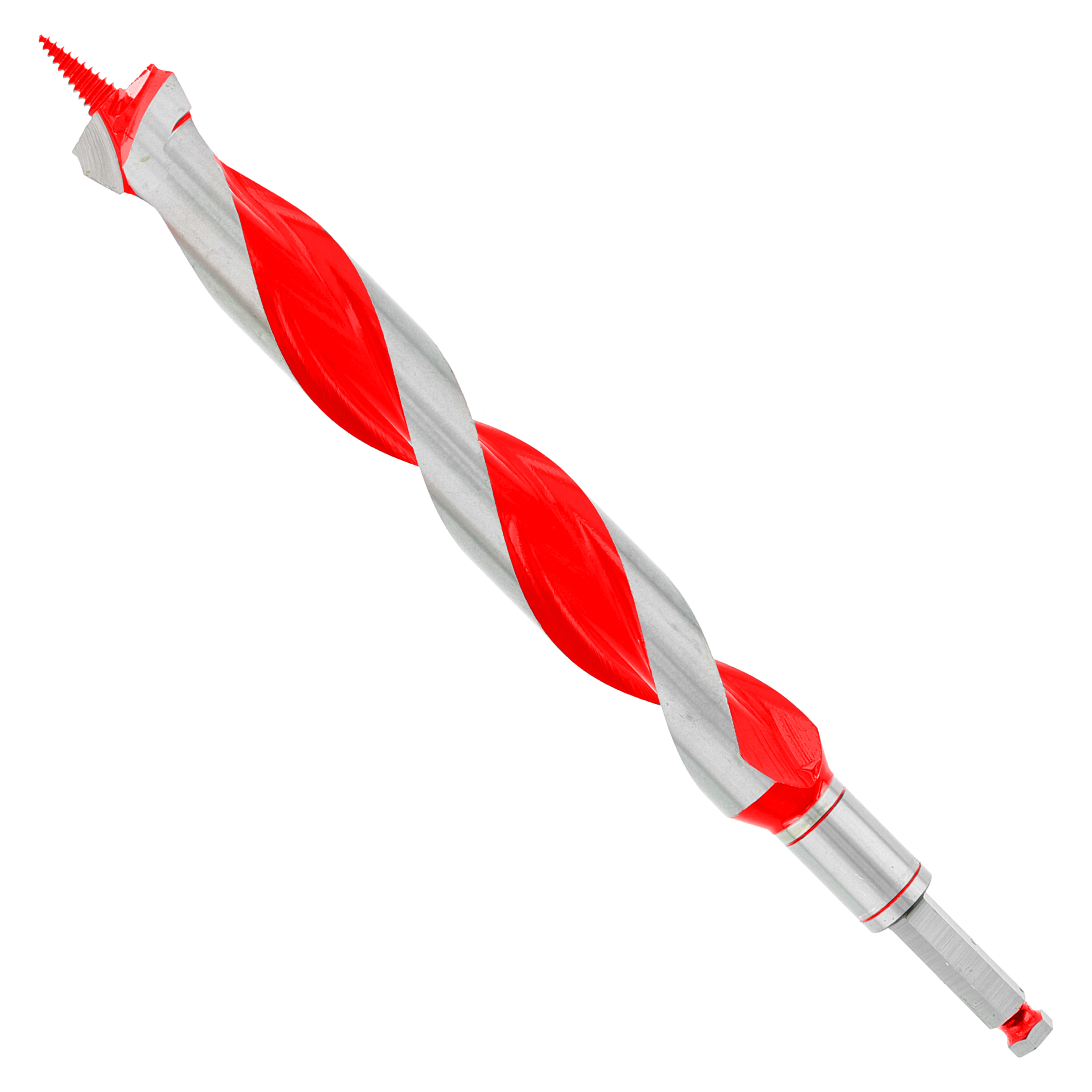 Diablo auger bit with red and gray spiral flutes, metal shank, and pointed tip on white background.