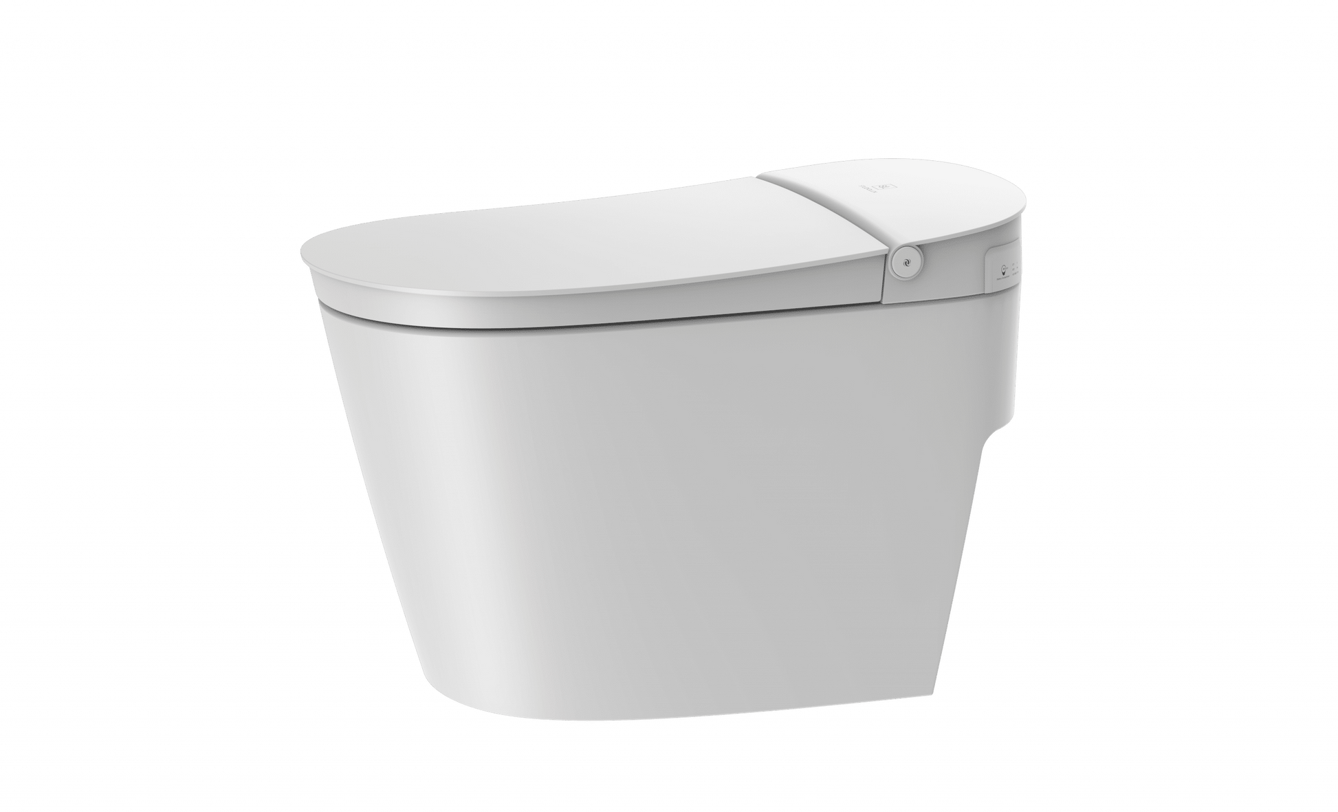 White one-piece tankless toilet with closed soft-close seat cover and control panel on side.