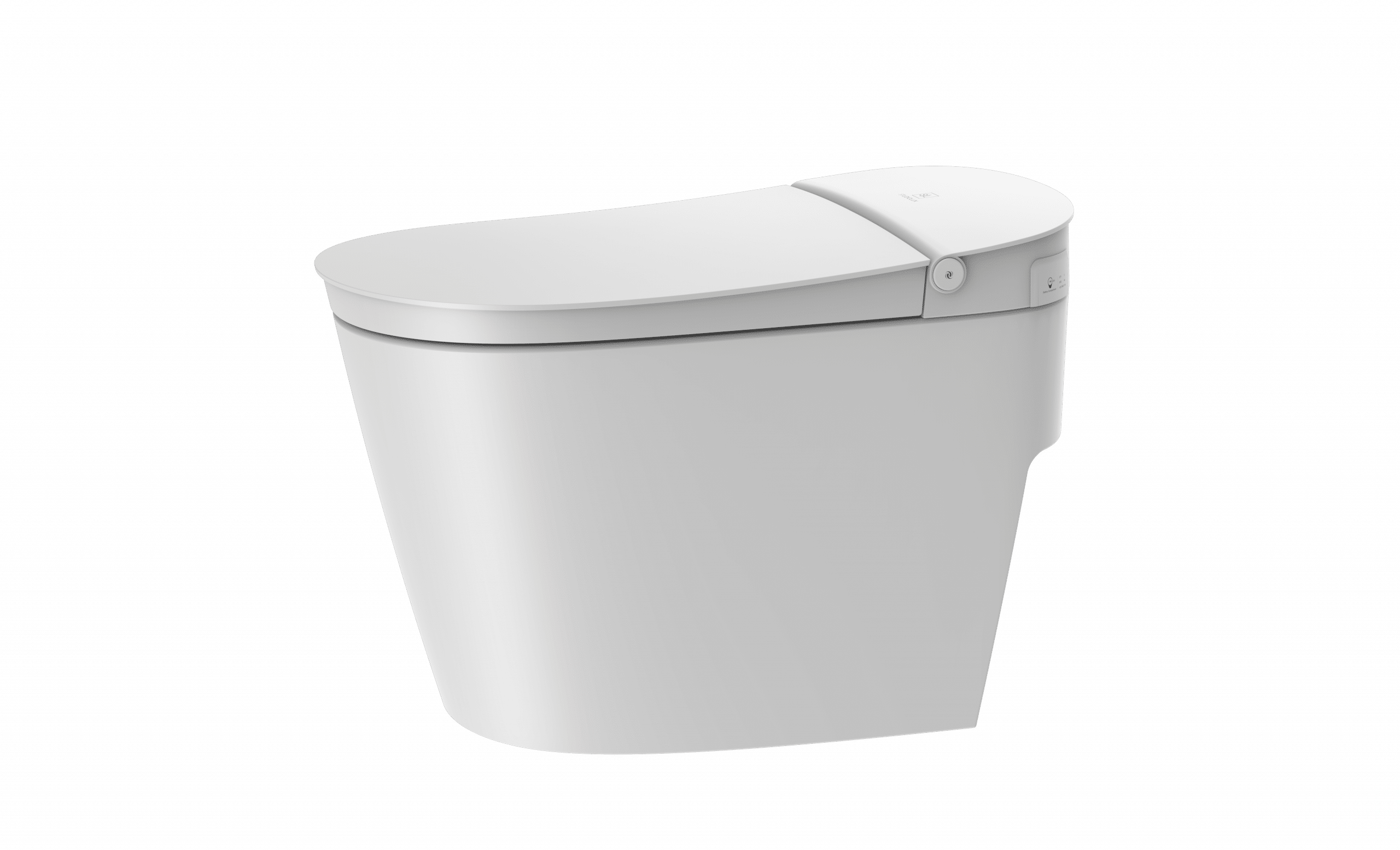 White one-piece tankless toilet with closed soft-close seat cover and control panel on side.