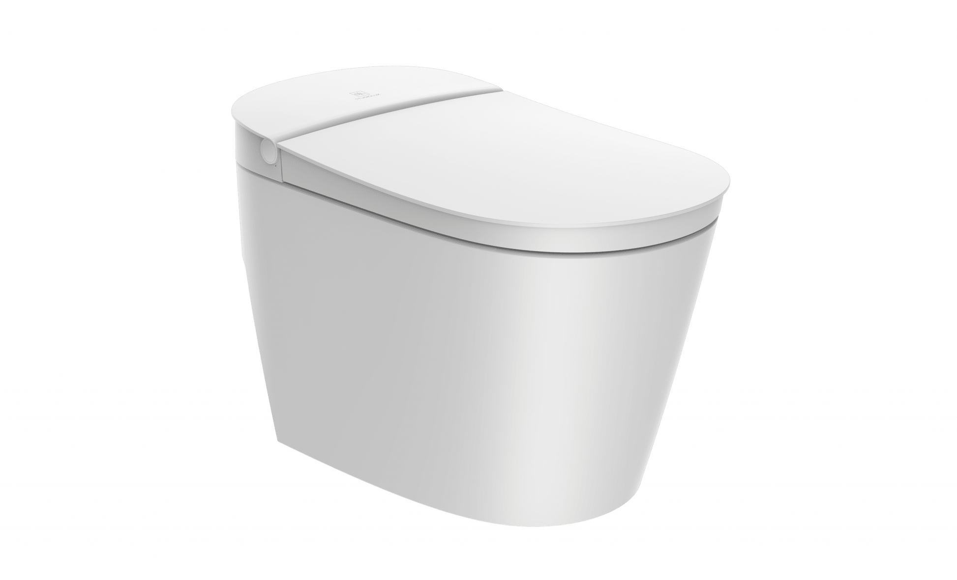 White modern tankless toilet with closed heated seat and curved bowl design.