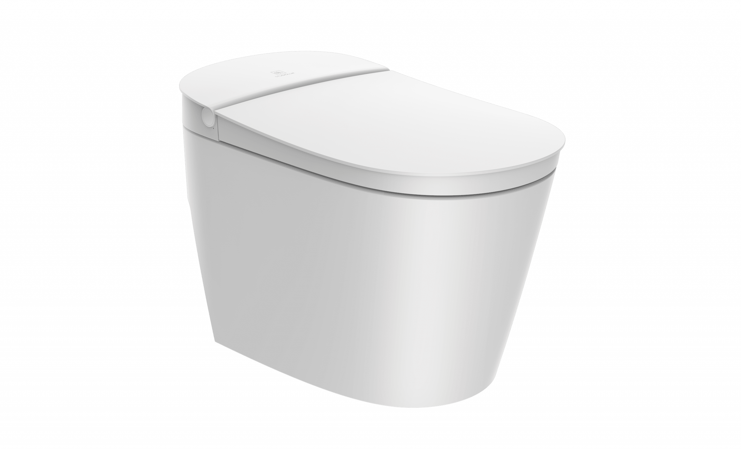 White modern tankless toilet with closed heated seat and curved bowl design.