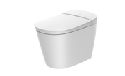 White one-piece tankless toilet with rounded bowl, integrated seat, and control panel on right side.