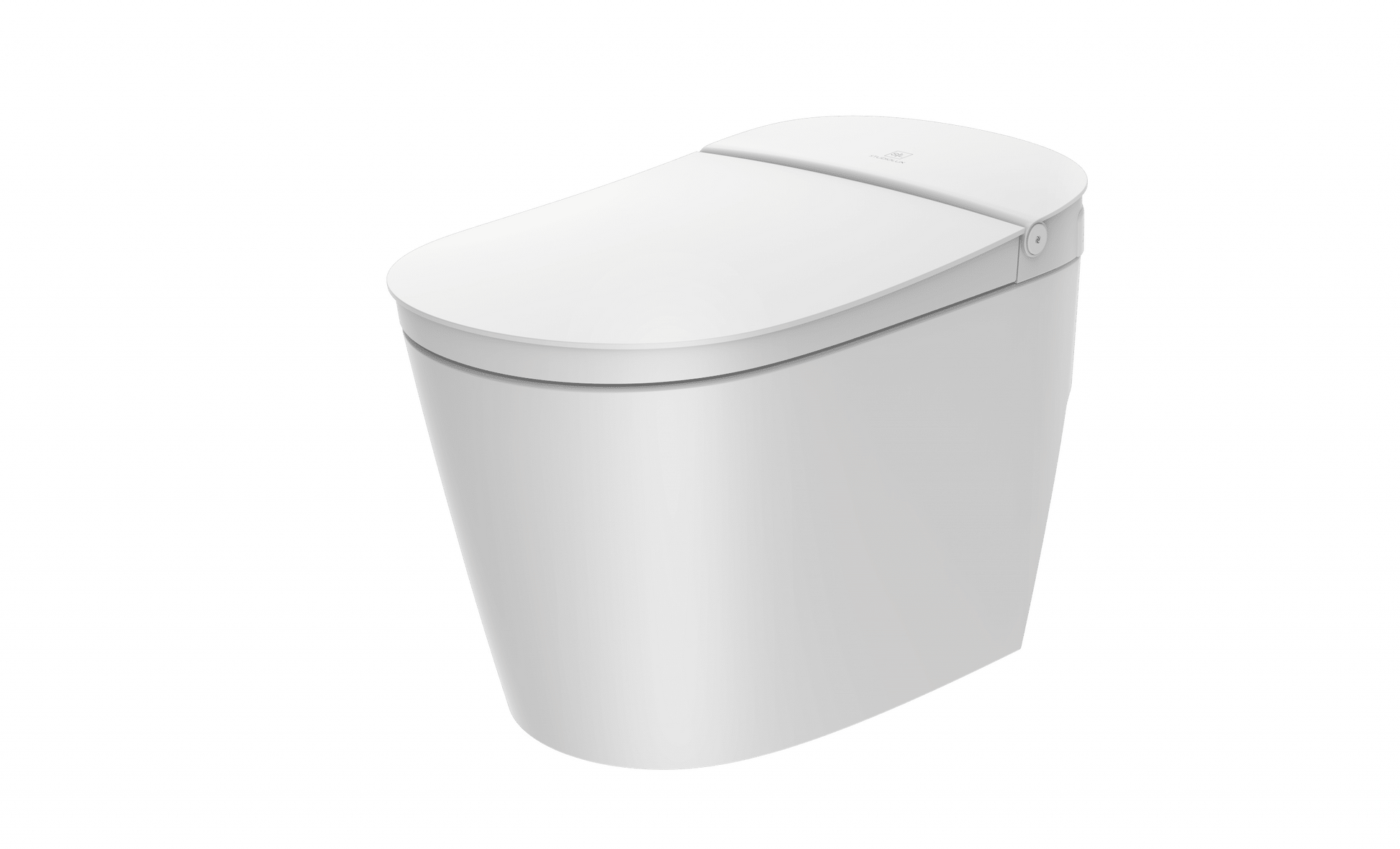 White one-piece tankless toilet with rounded bowl, integrated seat, and control panel on right side.