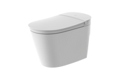 White one-piece tankless toilet with elongated seat and integrated lid against white background.