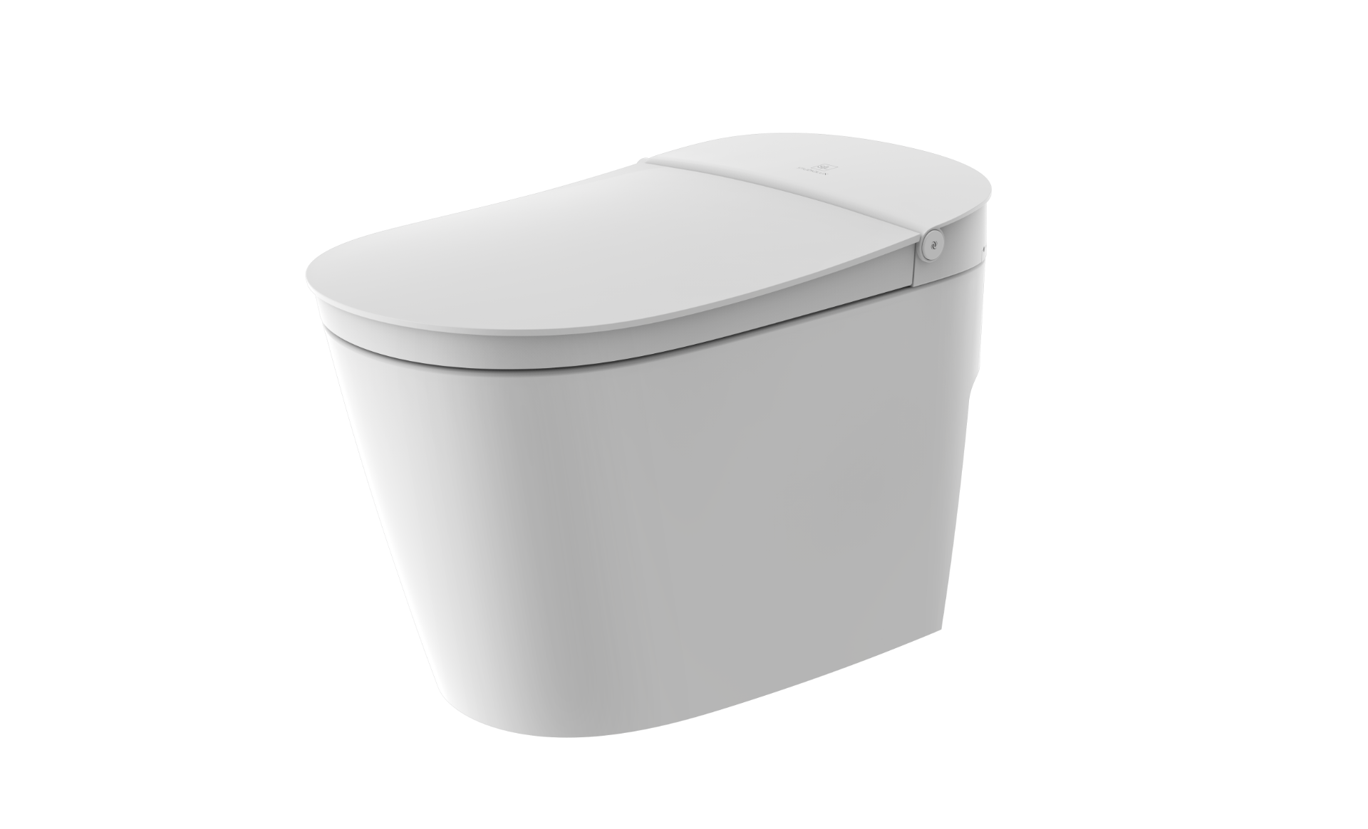 White one-piece tankless toilet with elongated seat and integrated lid against white background.