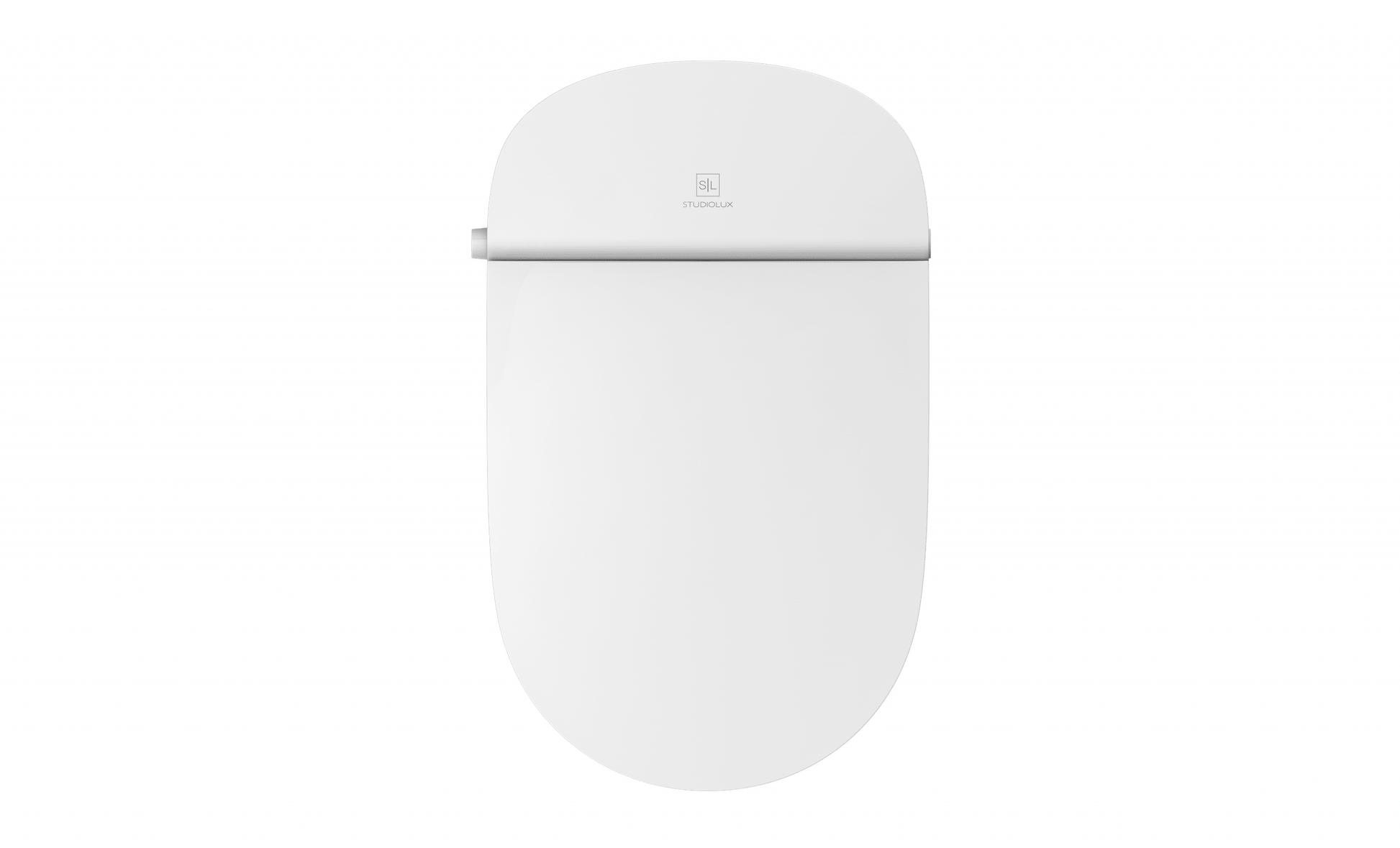 White one-piece tankless toilet with rounded bowl and integrated seat, shown from front view.
