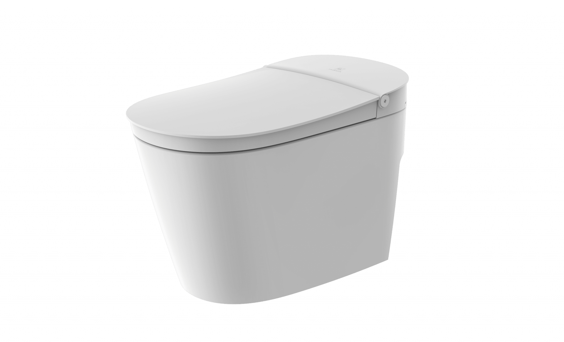 White one-piece tankless toilet with closed lid and rounded oval bowl shape.