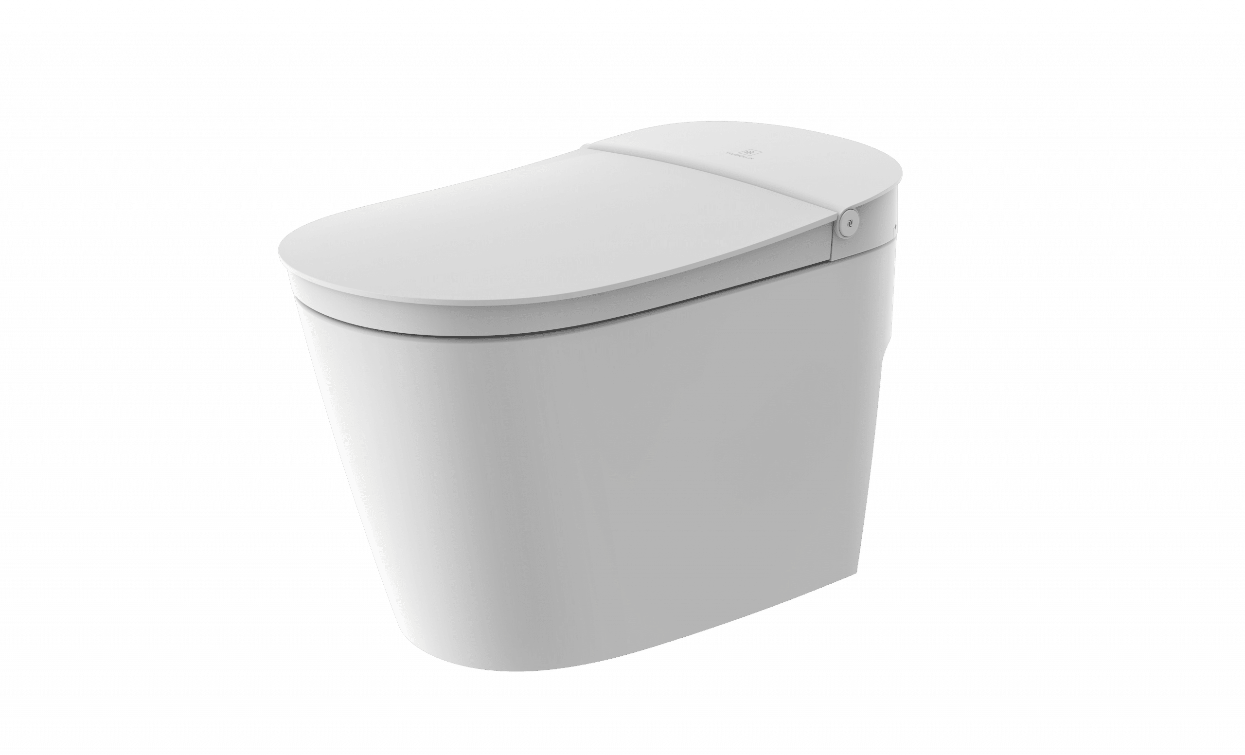 White one-piece tankless toilet with closed lid and rounded oval bowl shape.