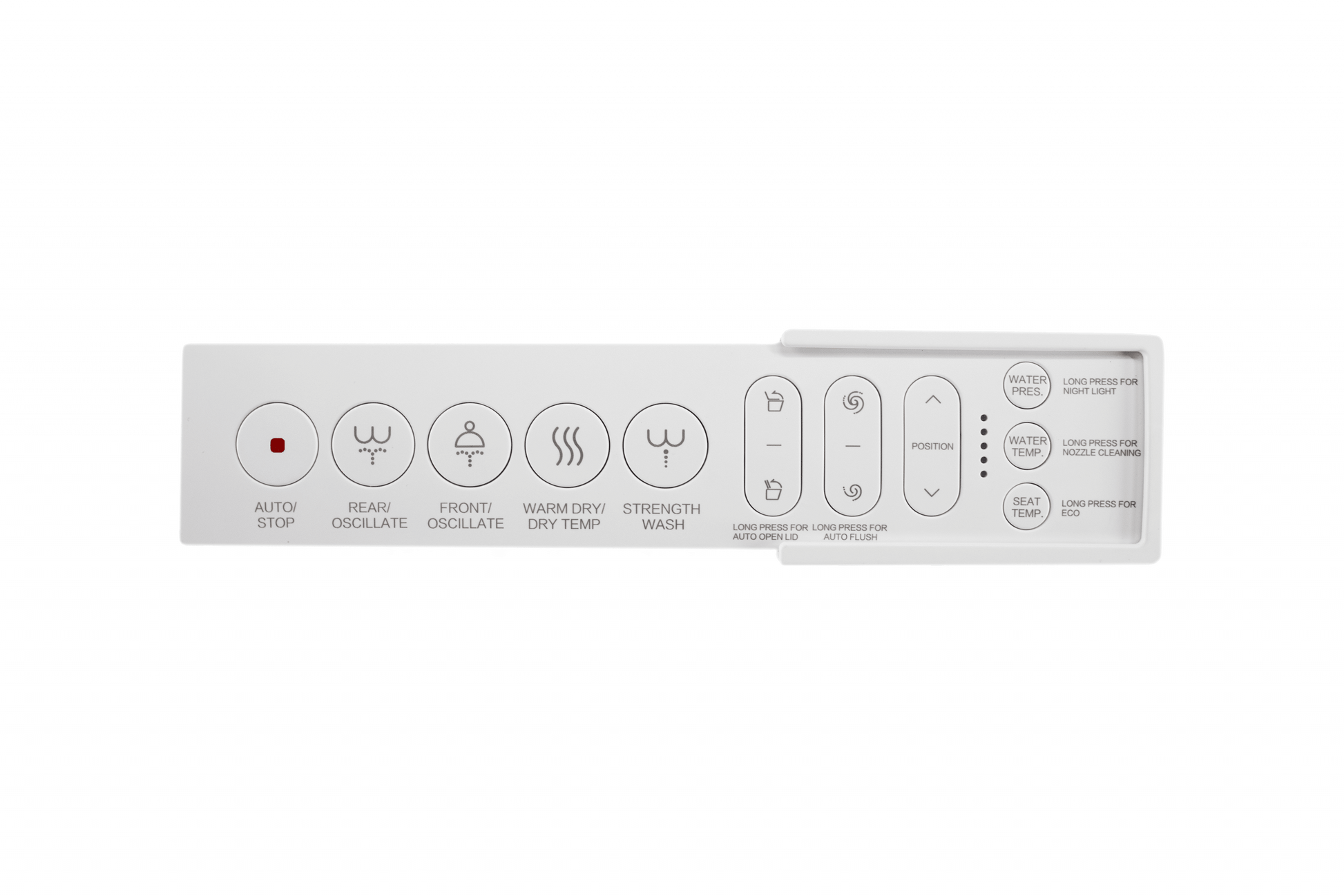 White intelligent toilet control panel with buttons for auto stop, rear oscillate, front oscillate, warm dry temperature, and