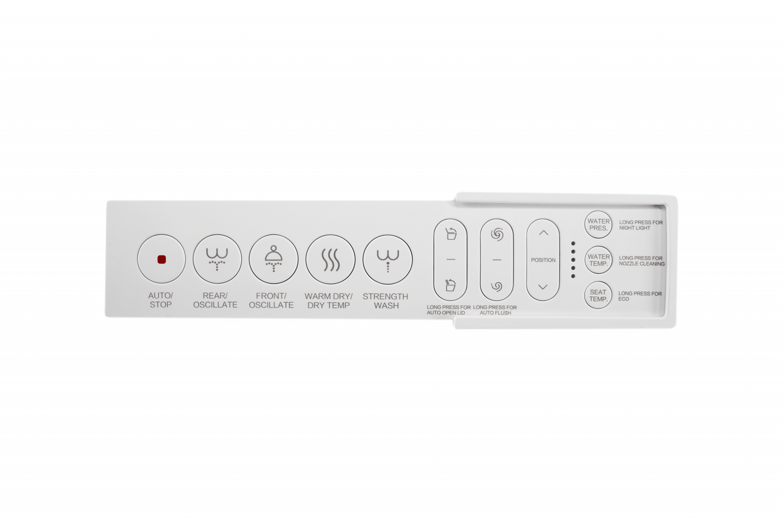 White intelligent toilet control panel with buttons for auto stop, rear oscillate, front oscillate, warm dry temperature, and