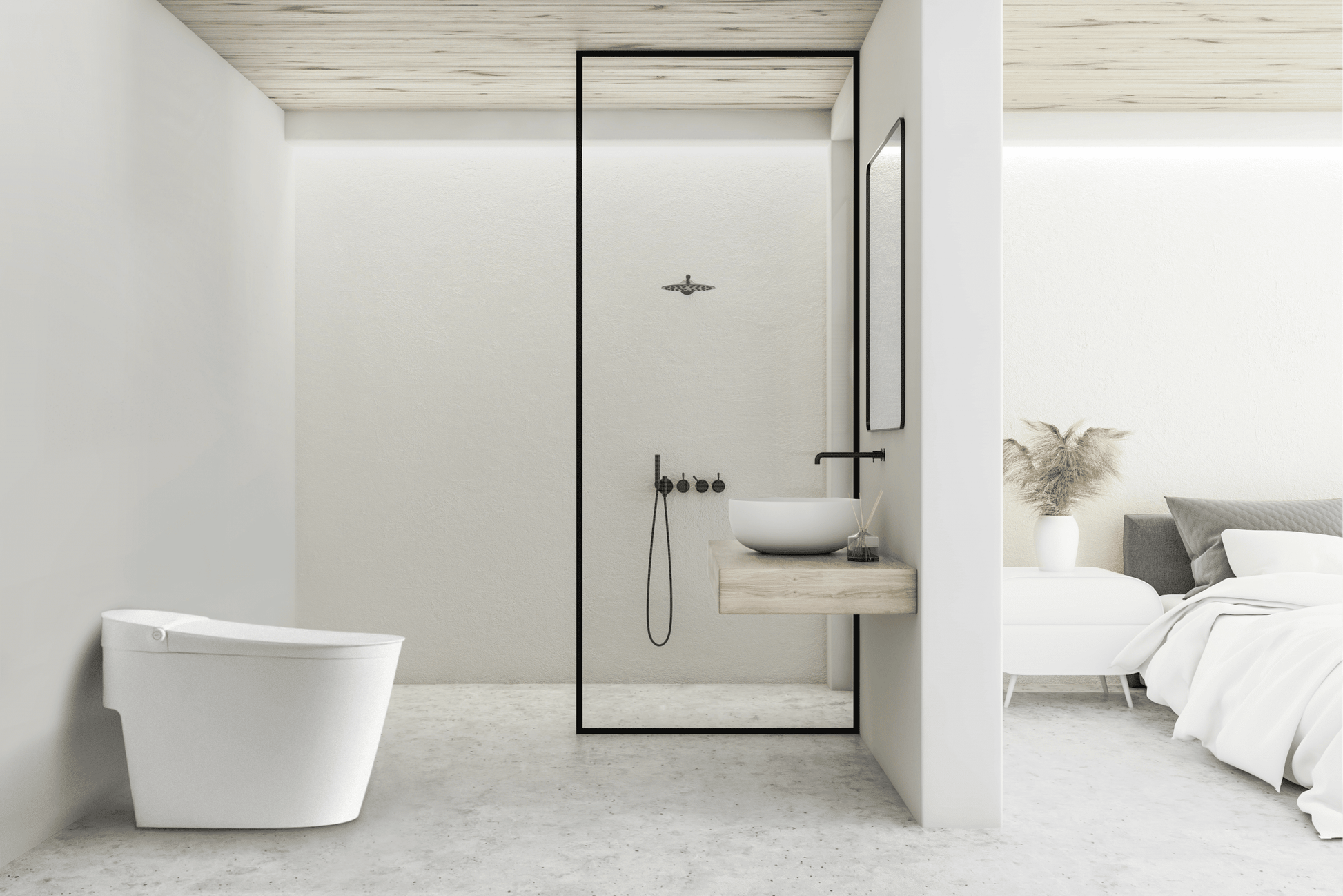 White one-piece tankless toilet positioned in modern bathroom with shower enclosure and floating vanity.