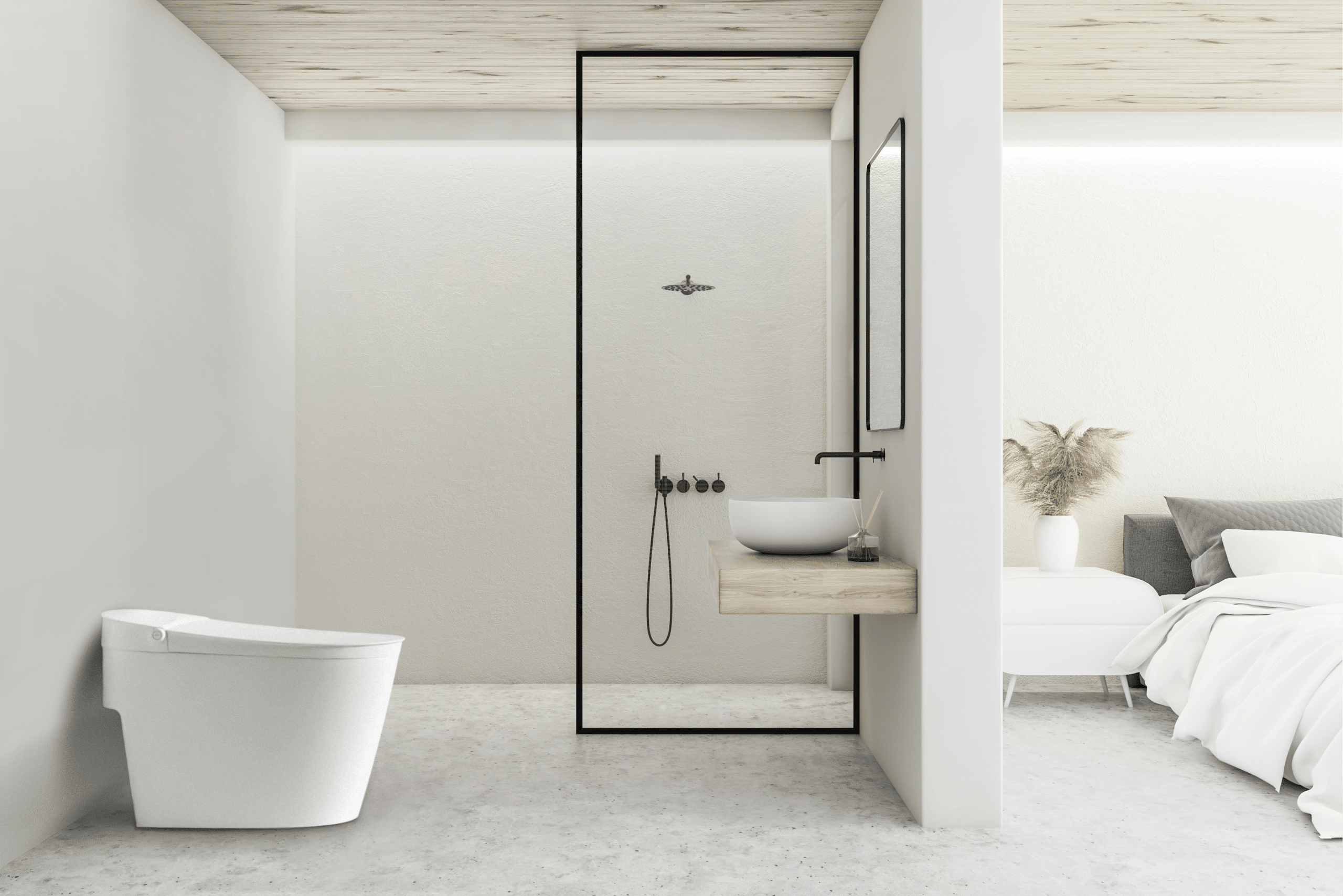 White one-piece tankless toilet positioned in modern bathroom with shower enclosure and floating vanity.