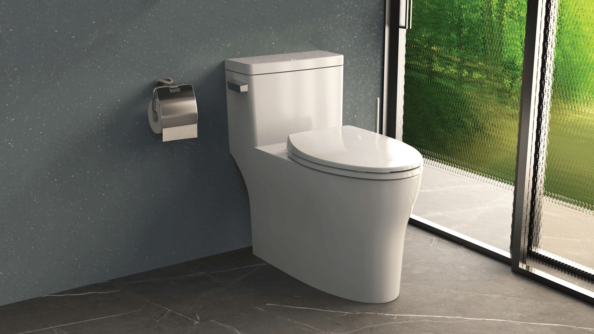 White one-piece elongated toilet with closed soft-close seat and tank lever, shown in bathroom setting.