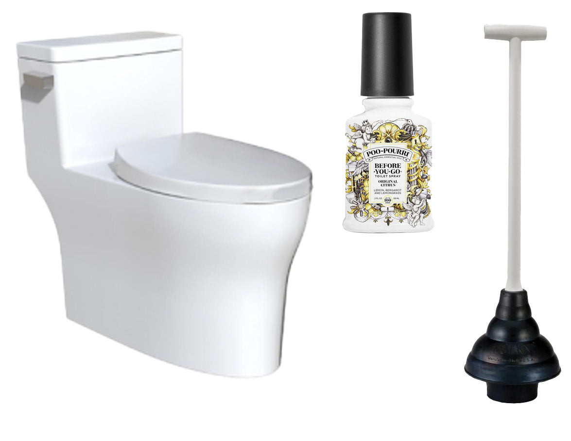 White one-piece elongated toilet with closed seat, tank, and chrome lever, shown with plunger and spray bottle.