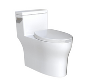 White one-piece elongated toilet with closed lid, skirted base, and chrome tank lever.