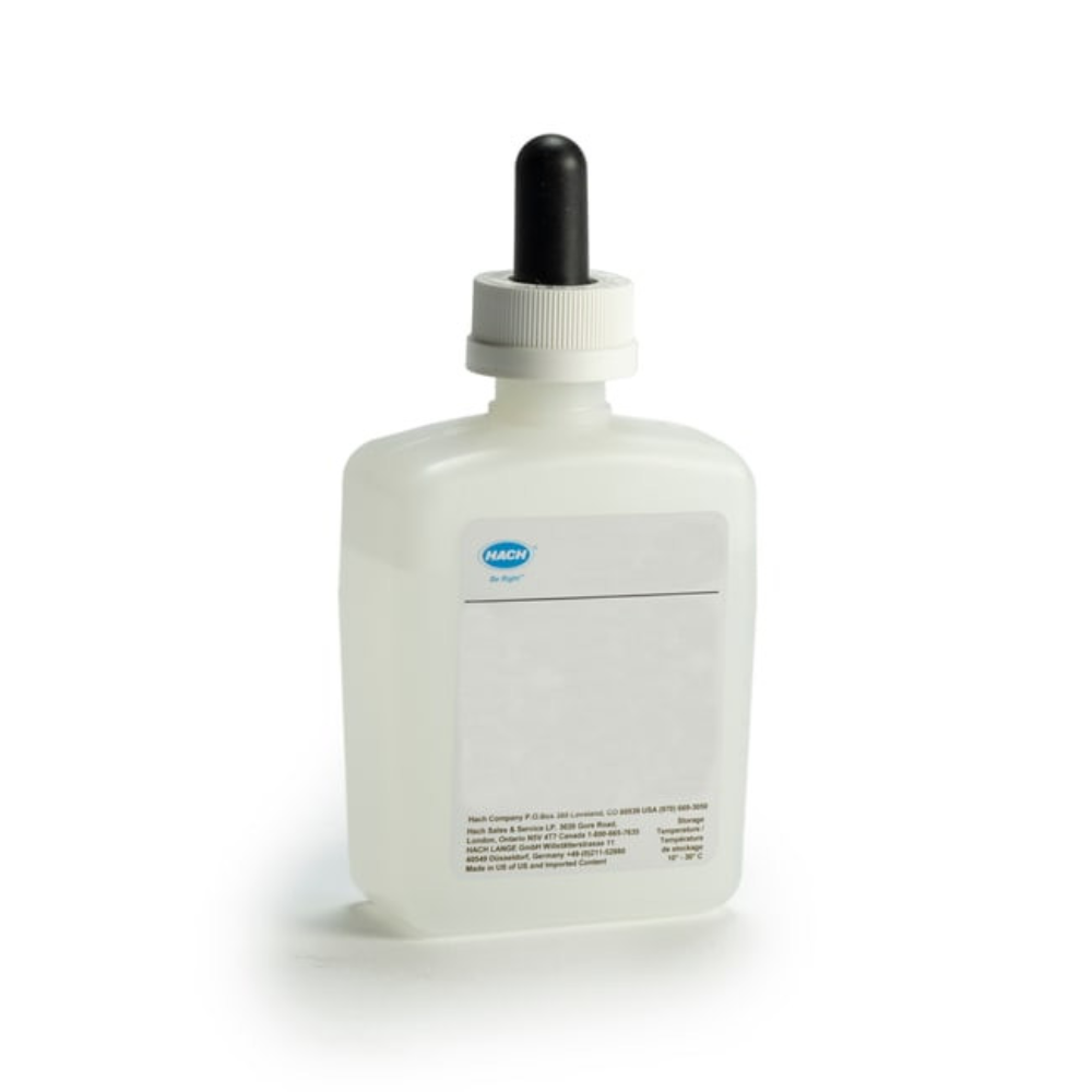 Clear plastic bottle with gray cap and black dropper top containing Sterling Water Treatment Hardness 1 Buffer Solution.