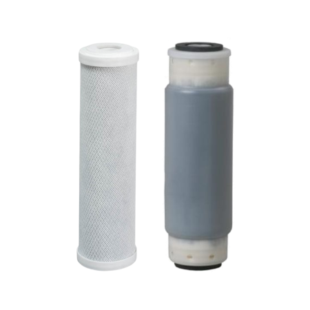 Two cylindrical water filter cartridges: white carbon filter on left, gray GAC filter on right with black top caps.