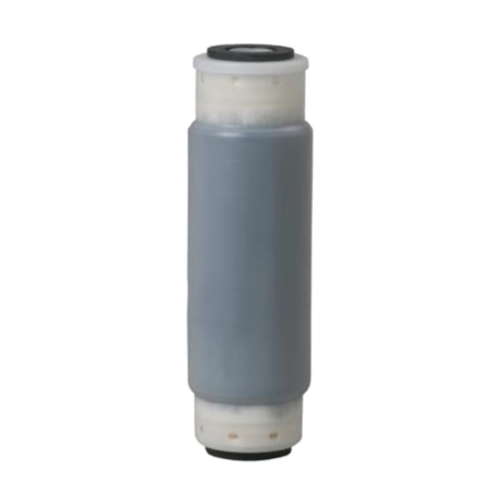 Cylindrical water filter cartridge with gray granular activated carbon core, clear plastic end caps, and black top connector.