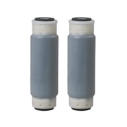 Two cylindrical water filter cartridges with gray middle sections, clear plastic ends, and black caps.