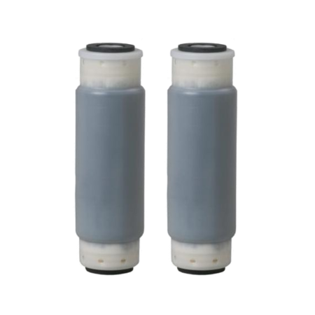 Two cylindrical water filter cartridges with gray middle sections, clear plastic ends, and black caps.