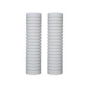 Two white cylindrical water filter cartridges with ribbed sections stacked side by side.