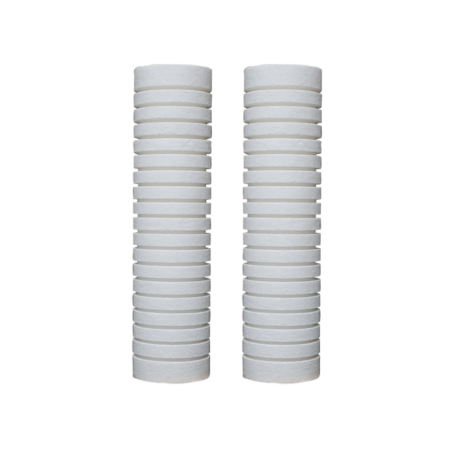 Two white cylindrical water filter cartridges with ribbed sections stacked side by side.