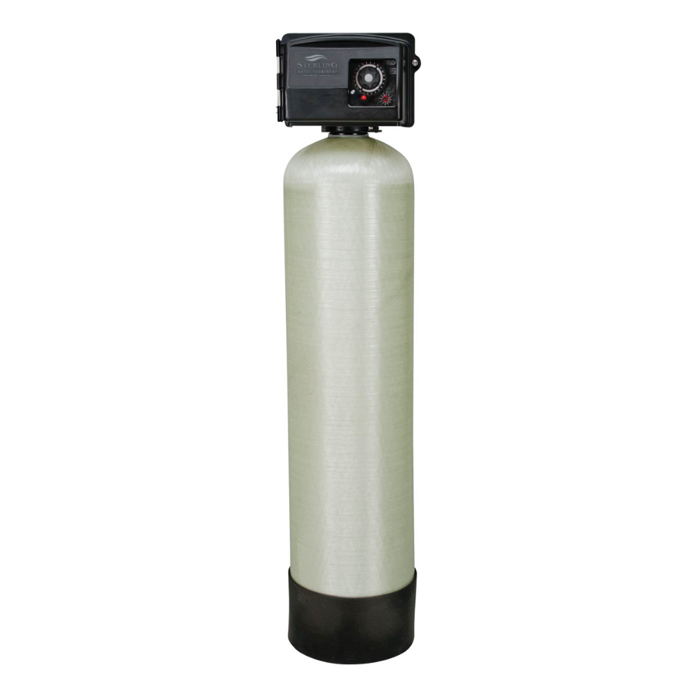 Tall fiberglass water treatment tank with black control valve head and base.