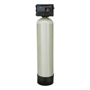 Tall fiberglass water treatment tank with black control valve head and base.