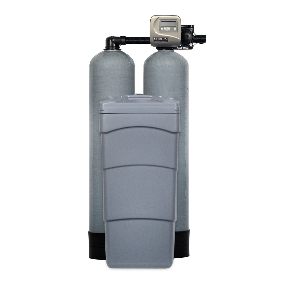 Sterling dual tank water softener system with electronic control valve and black connecting pipes on gray cylindrical tanks.