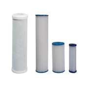 Four water filter cartridges in varying sizes with white and blue pleated filtering material.