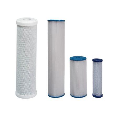 Four water filter cartridges in varying sizes with white and blue pleated filtering material.